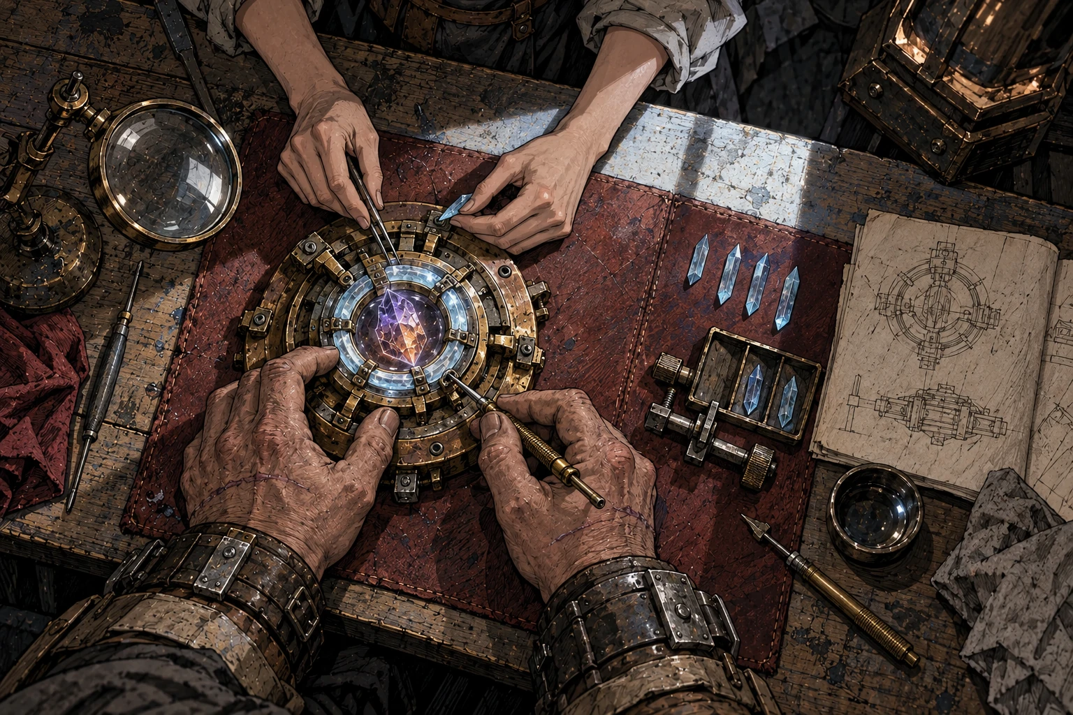 Seen from above, two workers adjust a circular chalyte regulator around a sealed chaos-glass core on a worn workbench.