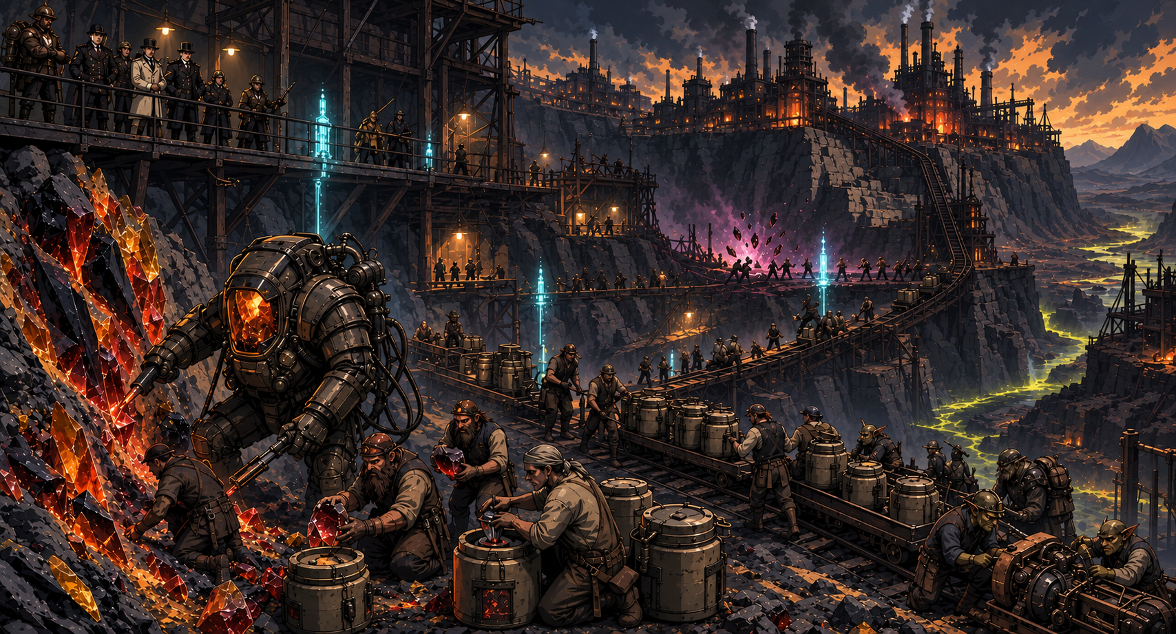 Workers and a heavy powered suit excavate a vast industrial mine beneath refinery towers and smoke.