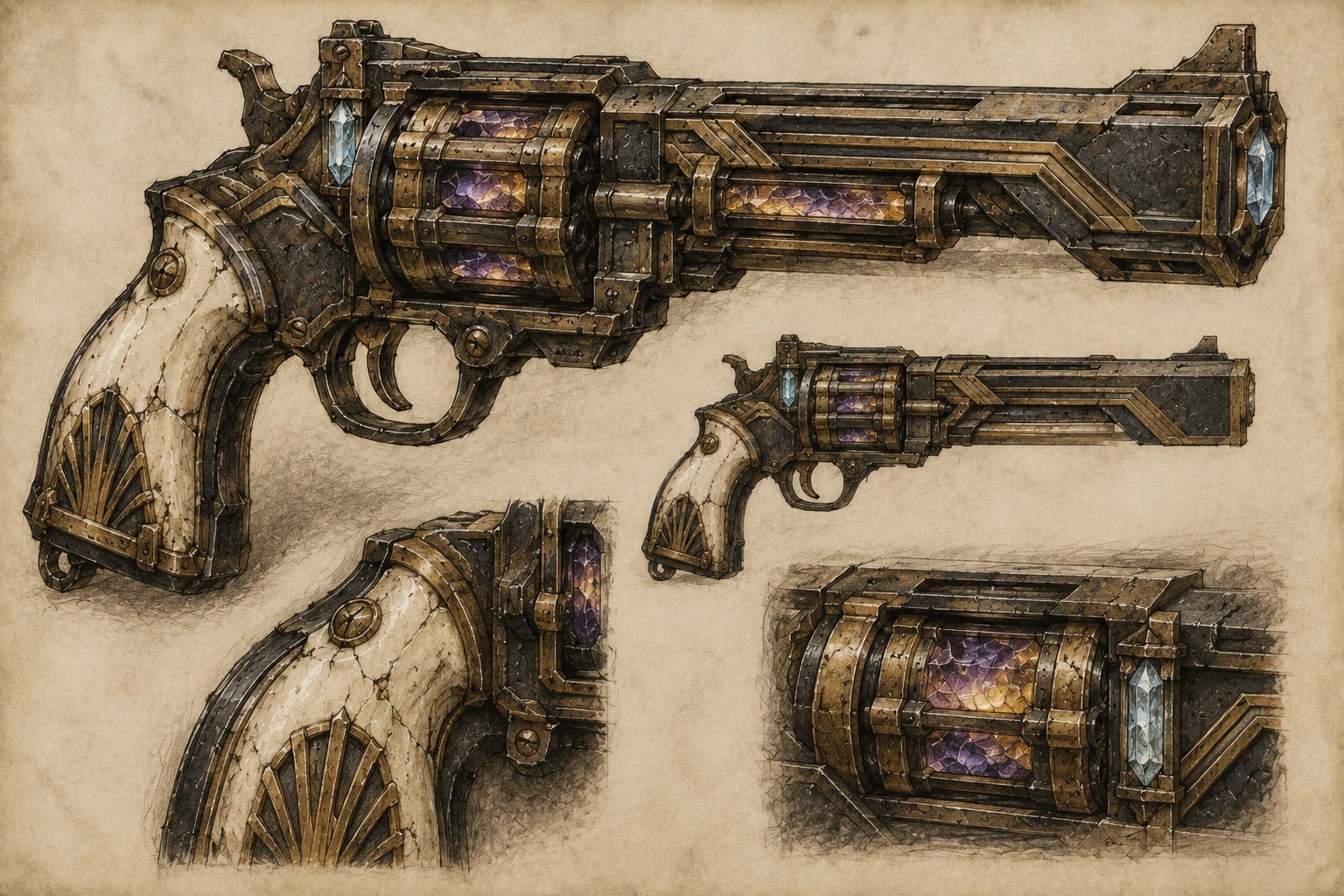 An illustrated revolver design with an ivory grip, angular dark metal and bronze fittings, and violet-amber crystals visible inside its cylinder.