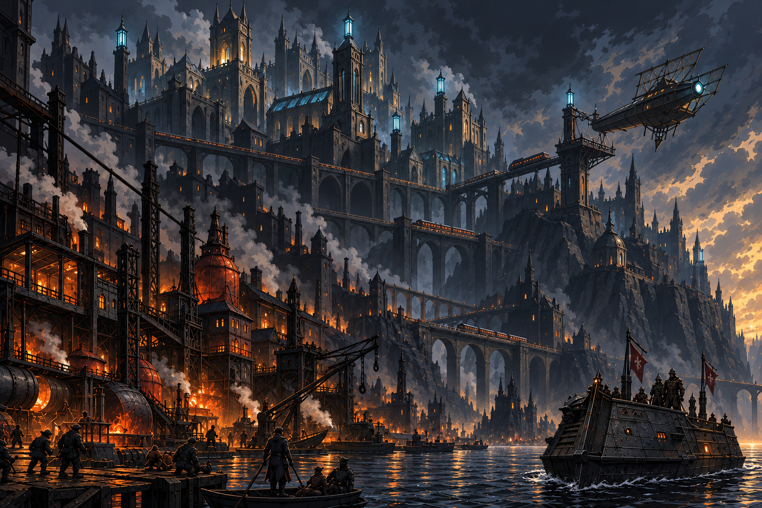 Chardon's pale towers and a luminous skyship rise above crowded industrial terraces, refineries, and a busy harbor.