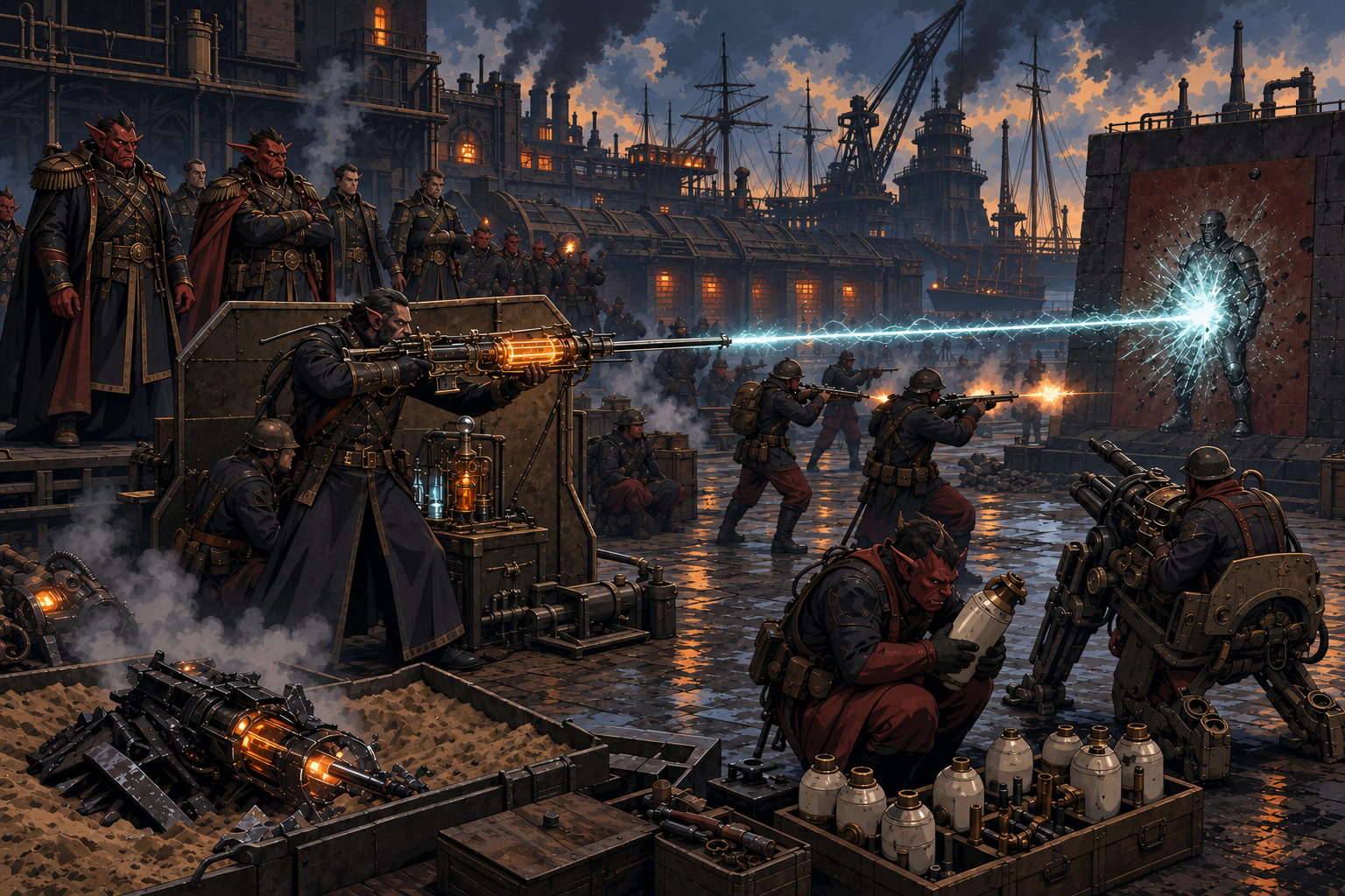 Officers watch a weapons demonstration in an industrial dockyard as a glowing weapon strikes an armored target.