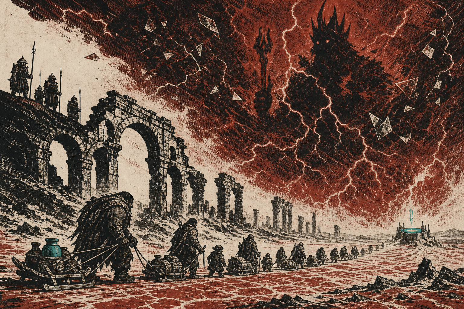 A red-and-black broadside depicts refugees beneath a broken aqueduct, with a colossal crowned figure looming in a glass-filled desert storm.