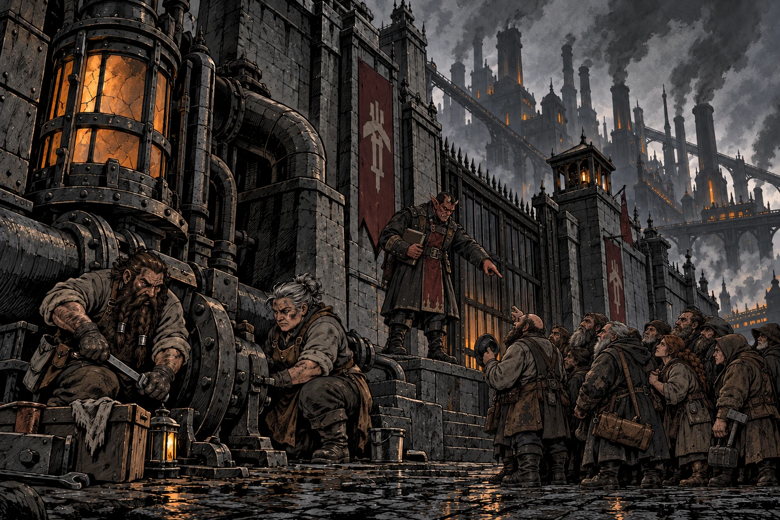 Hungry dwarves gather below a hobgoblin foreman selecting workers, while dwarven mechanics repair machinery nearby.