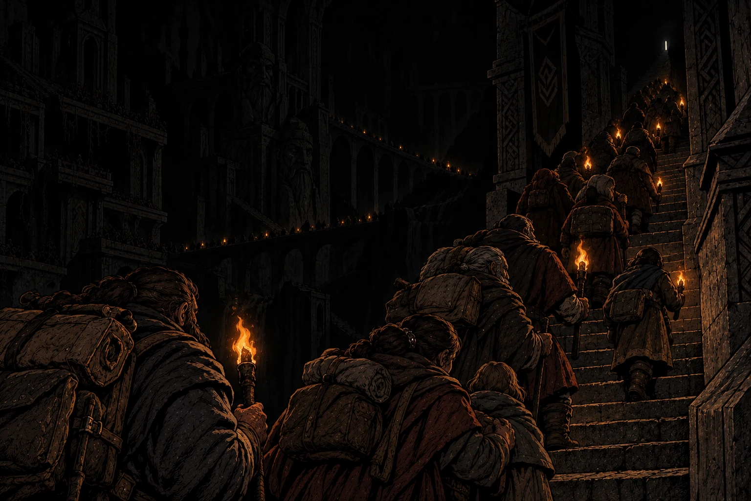 Dwarven families climb toward a tiny opening of daylight, their torches tracing bridges through an otherwise dark underground hall.