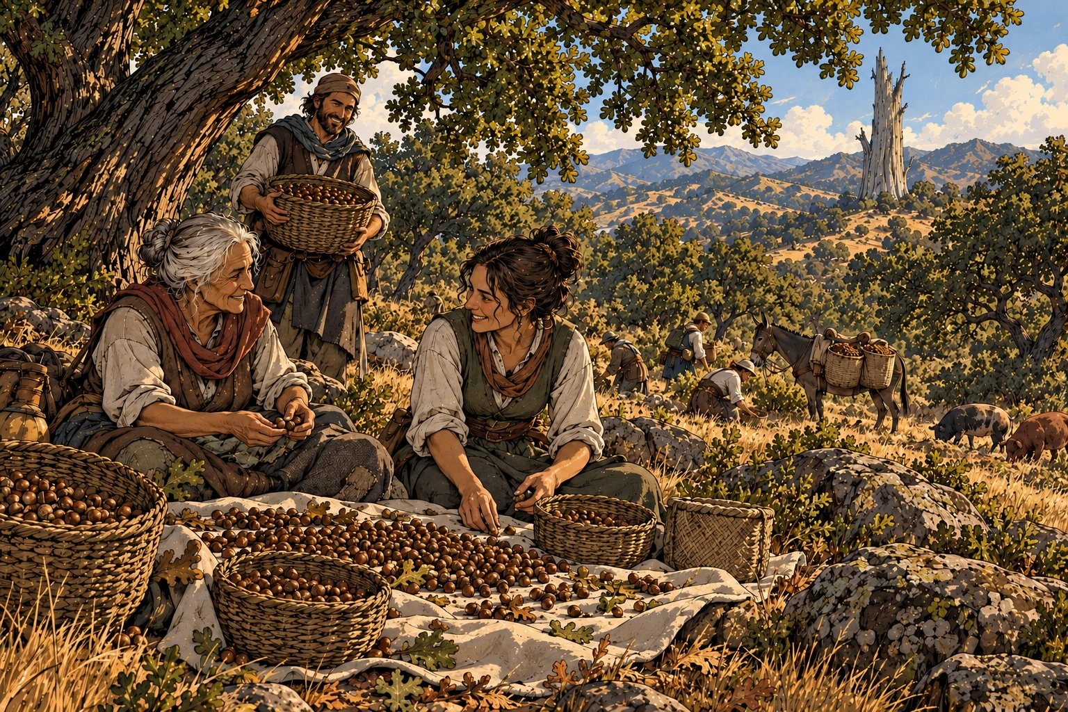 An older woman and a younger woman sort acorns into woven baskets beneath an oak, while other villagers gather the harvest beside a donkey and foraging pigs.