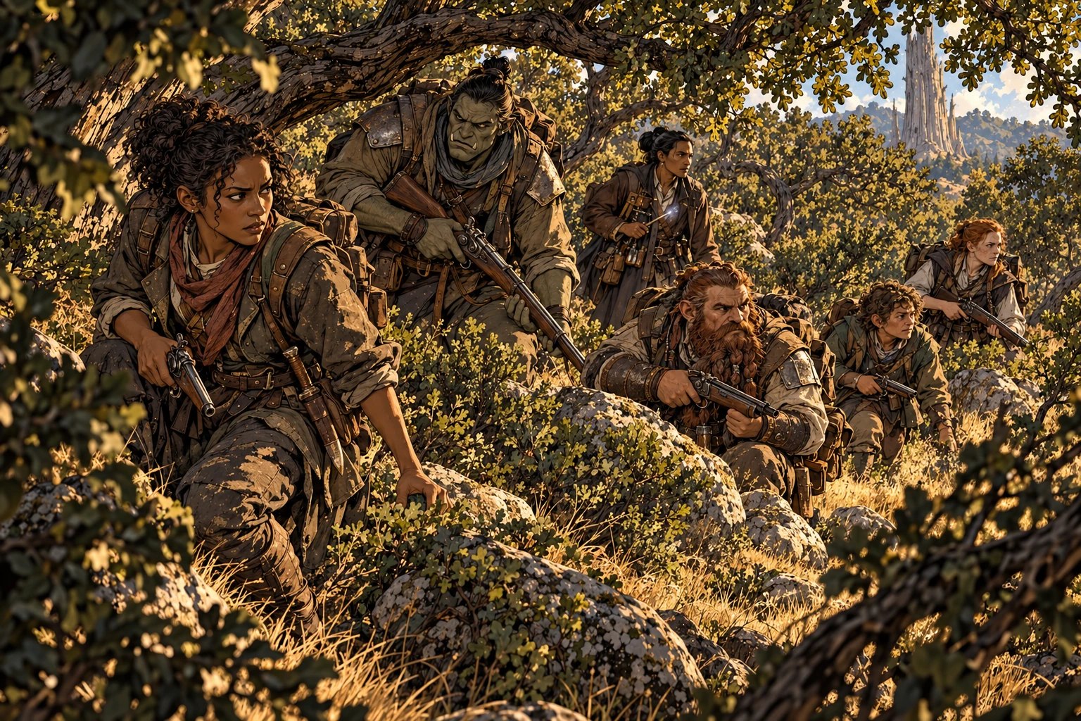 Human, orc, dwarf, and halfling fighters move warily through tangled oak woodland, carrying pistols and long guns; a spellcaster holds a faintly glowing wand.
