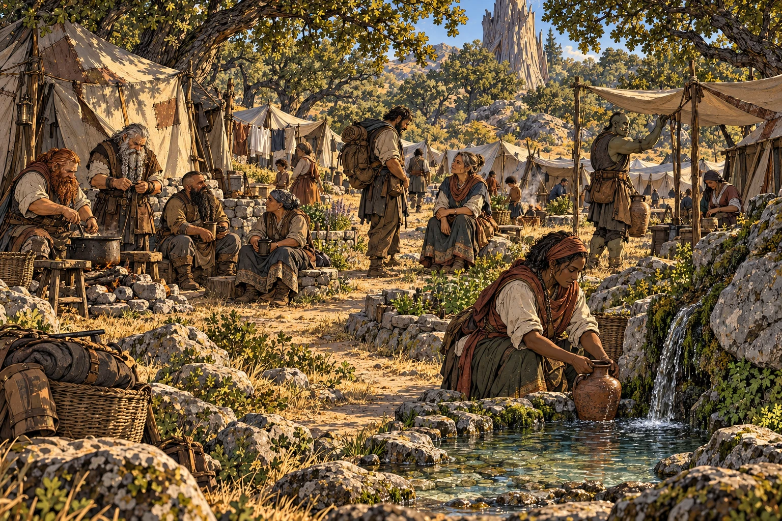 A woman fills a jug at a rocky spring beside a camp of patched tents. Dwarves cook and rest together, a traveler speaks with a resident, and an orc steadies an awning.