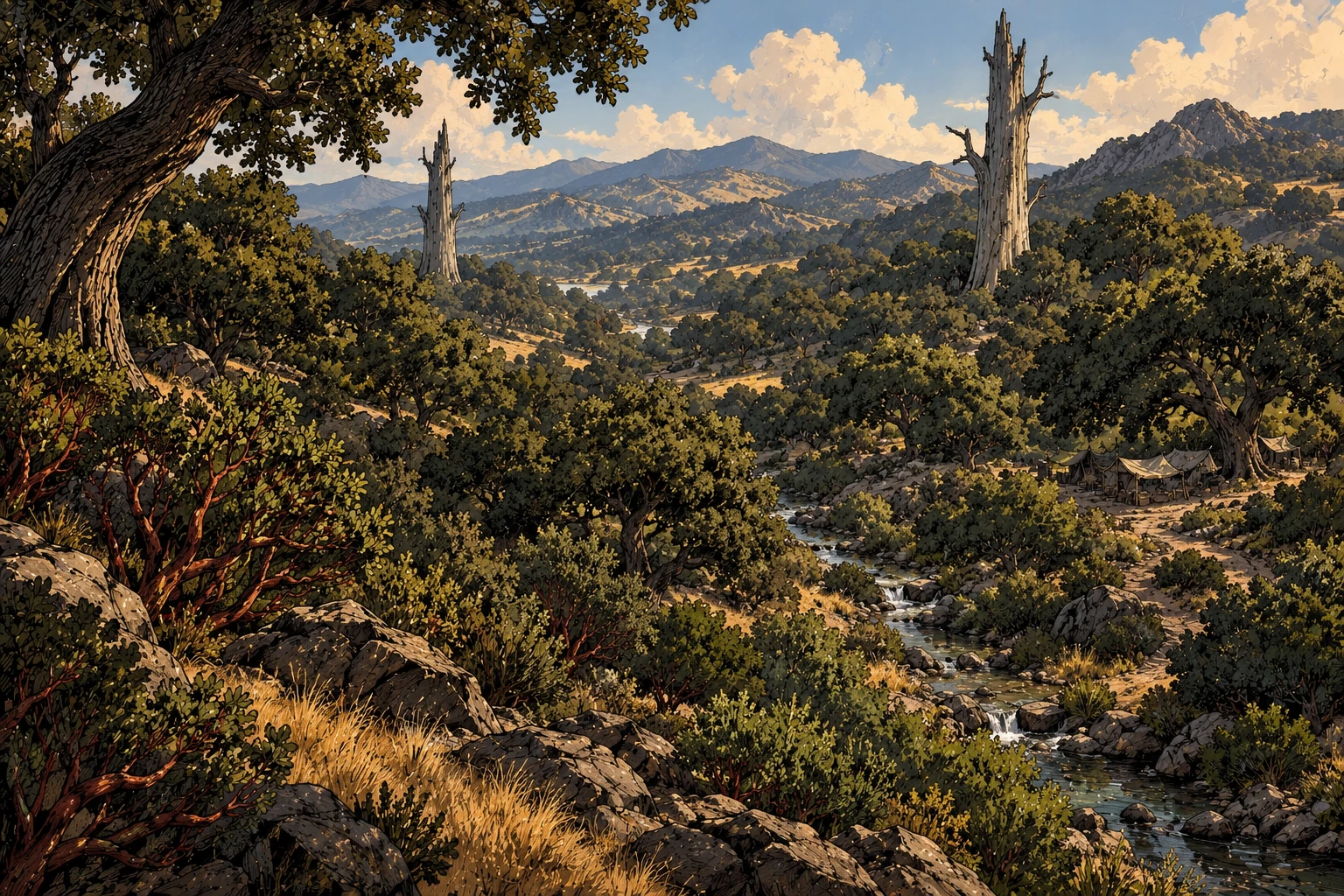 A stream winds through living oak and chaparral woodland, with a small camp beneath the trees and two immense dead trunks rising above the canopy.