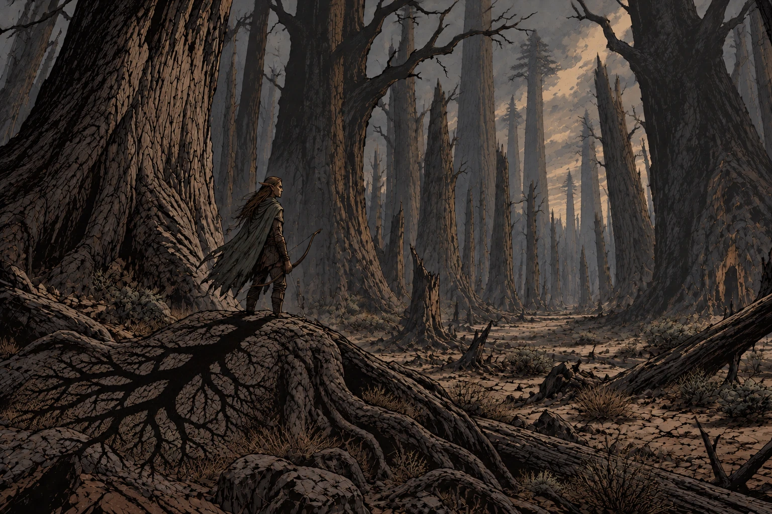 A lone elf stands among immense dead redwoods and thorny scrub, casting a branching tree-shaped shadow.