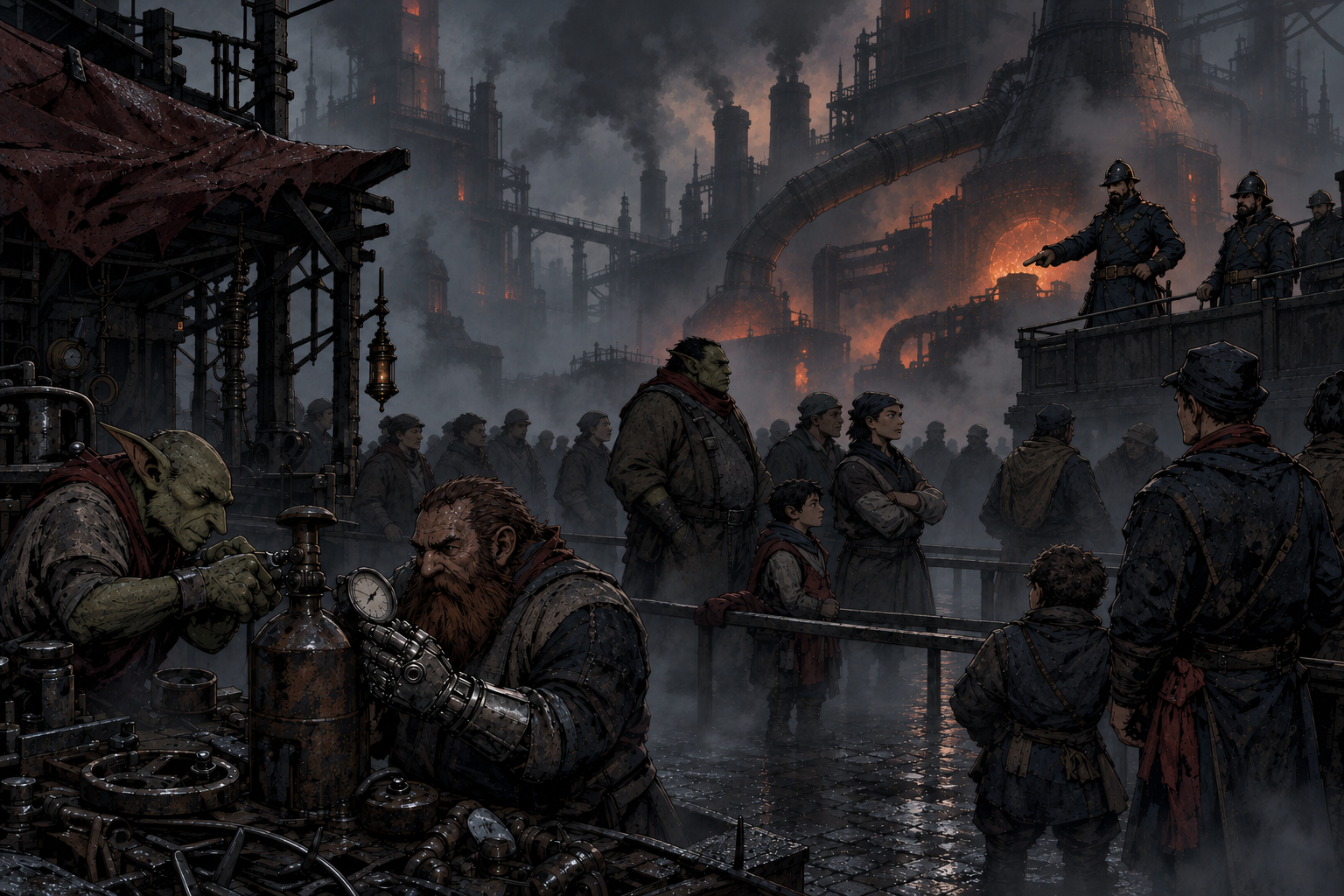 An injured worker and a crowd of laborers in the foundry market, surrounded by patched machinery and the furnace glow of the lower city.