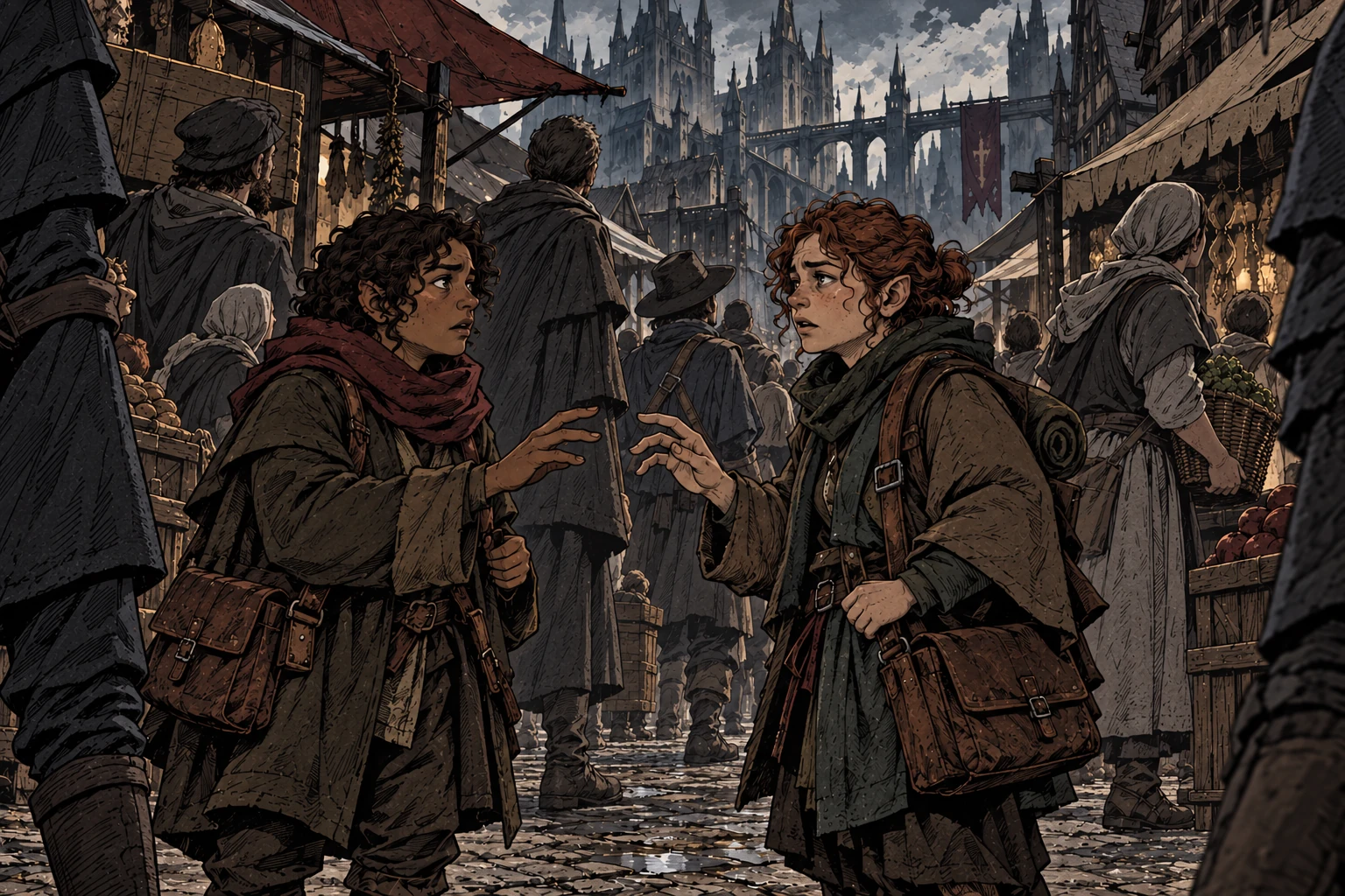 Two halflings stare at one another in shock while the taller people around them turn toward something in the distance.