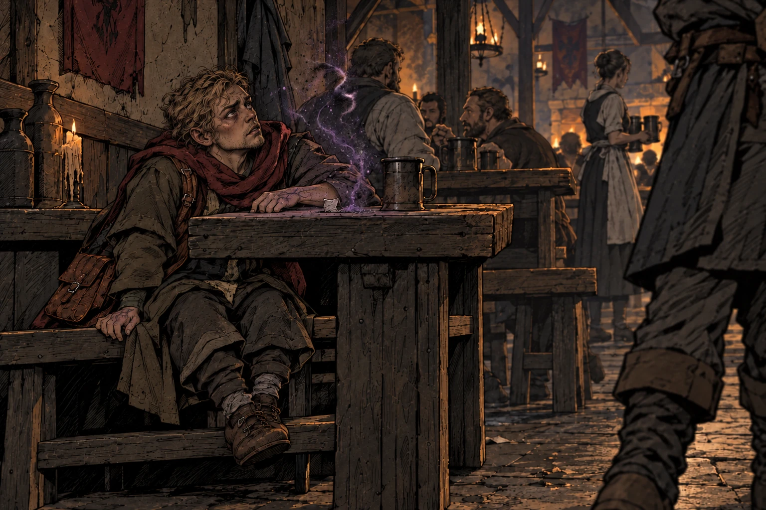 A gaunt blond male halfling watches dark purple chaos dust rise above an inn table; gray lines mark his hands, and the other patrons ignore him.