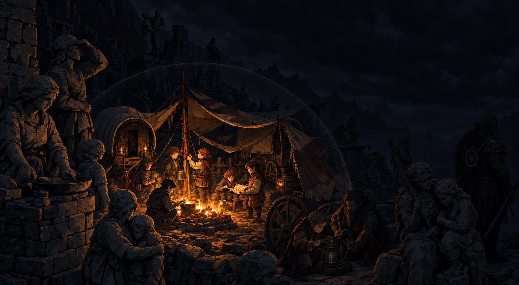 Travelers gather around a small fire beneath a faint protective dome among silent stone figures, with wagons and ruins disappearing into darkness.