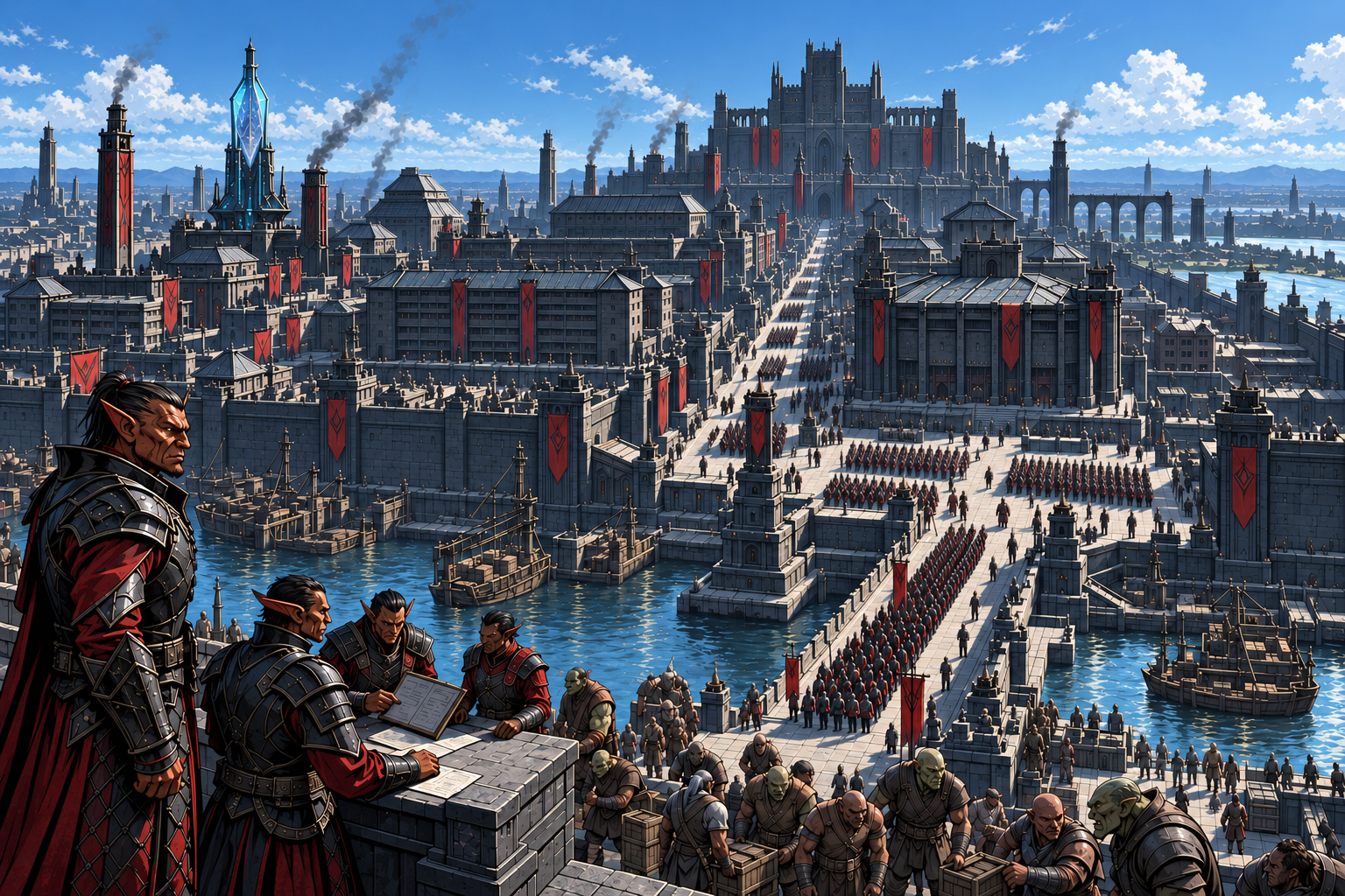 A fortified hobgoblin capital, with regimented streets, an immense citadel, and guarded laborers at the waterfront.