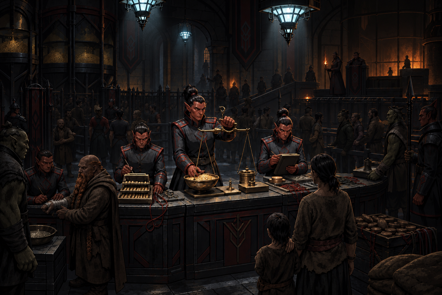 Hobgoblin officials weigh grain and record rations while a guarded crowd waits behind iron railings.