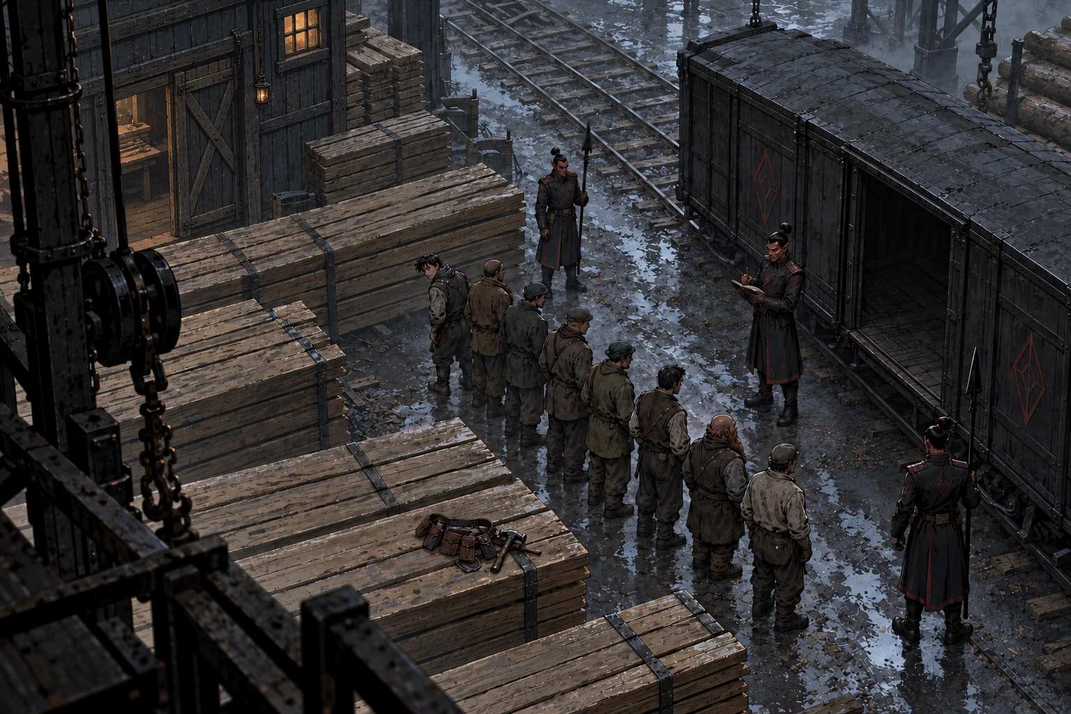 Hobgoblin guards count a line of workers beside a freight carriage and stacks of lumber in a wet timber yard.