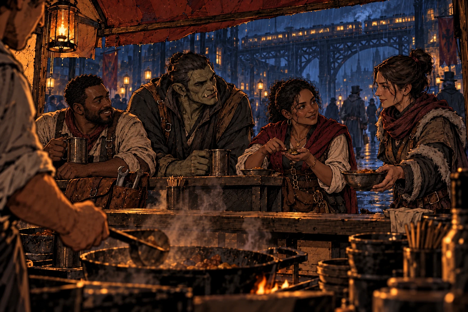 Three human patrons and an orc share a food-stall counter in Kin-Aska, while rain falls beyond the awning and a train crosses overhead.