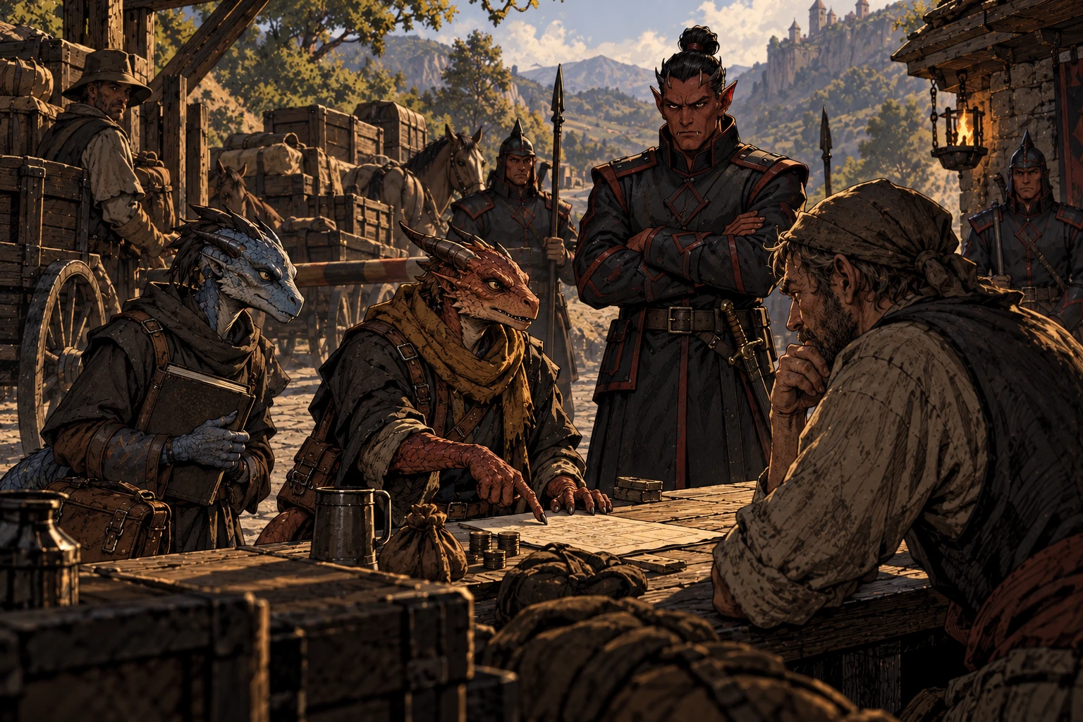 Two kobolds negotiate with a human carter under the watch of a hobgoblin officer at a roadside checkpoint.
