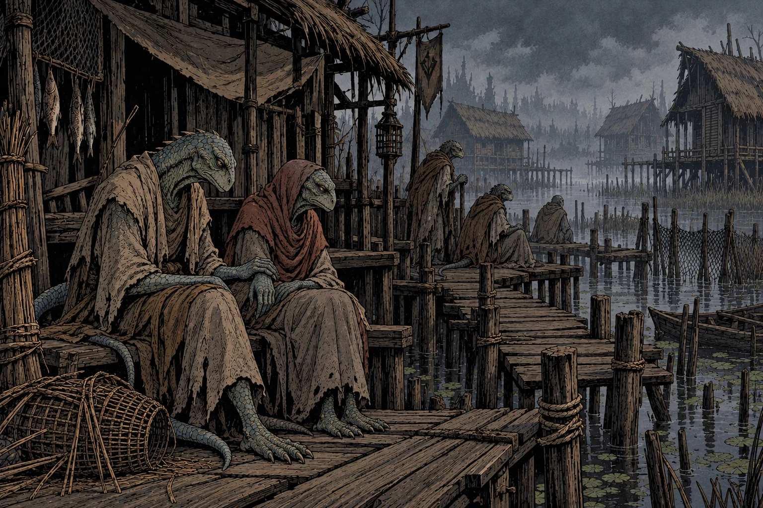 Frail elderly lizardfolk sit in silence beside empty marsh dwellings, holding one another as their unfinished work lies abandoned.