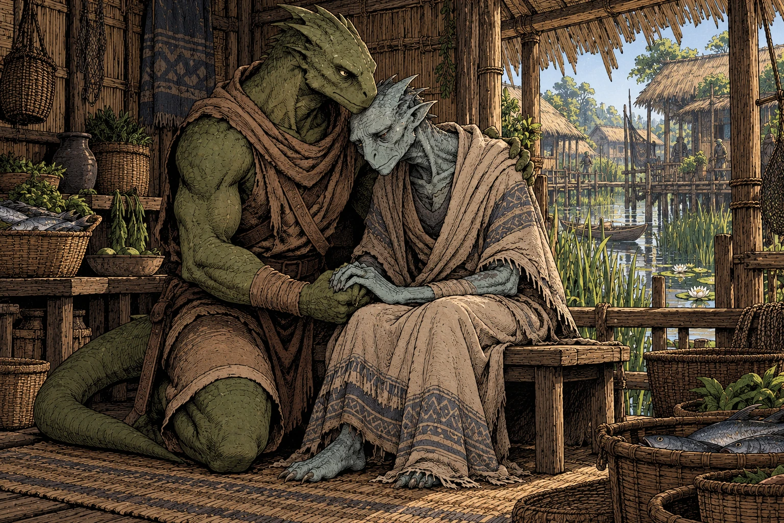 A healthy lizardfolk adult supports a suddenly frail elder in an intact marsh village surrounded by fresh fish, food and green growth.
