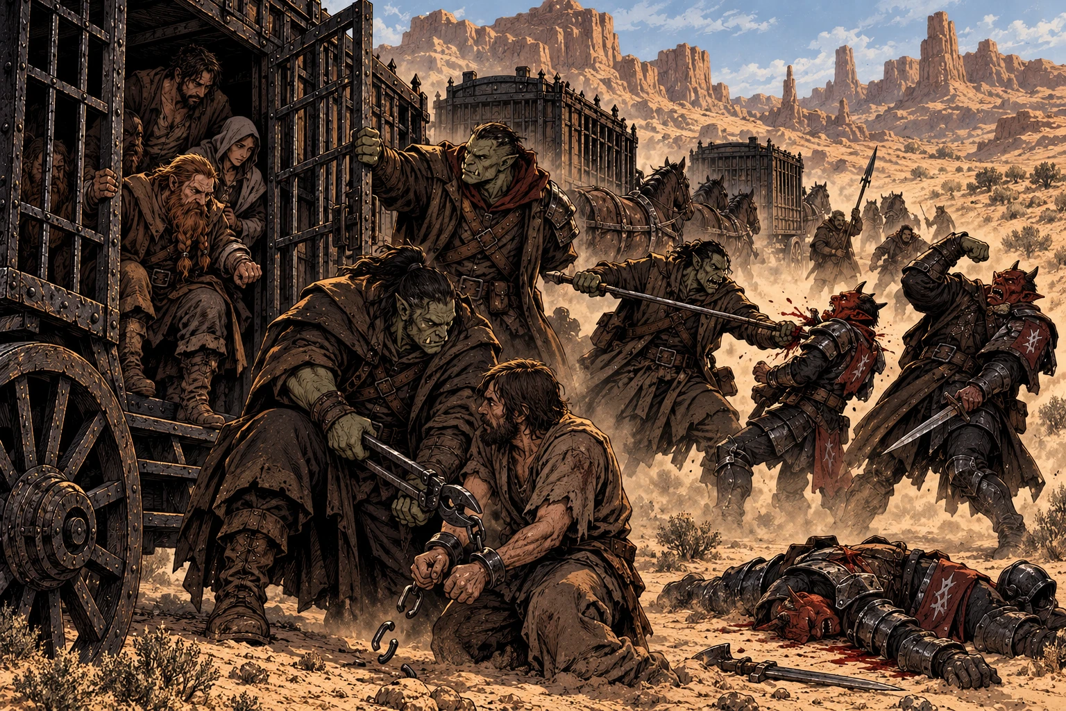 Orcs raid a slaver caravan on a remote desert road, fighting hobgoblin guards while breaking the captives’ chains and opening their wagons.