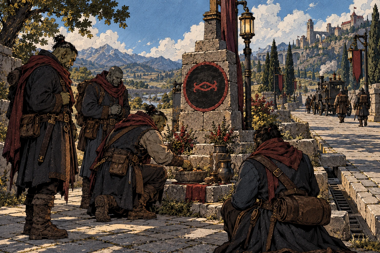 Well-dressed orc travelers leave offerings at a black-and-crimson eye shrine beside a maintained hobgoblin road and a steam carriage.