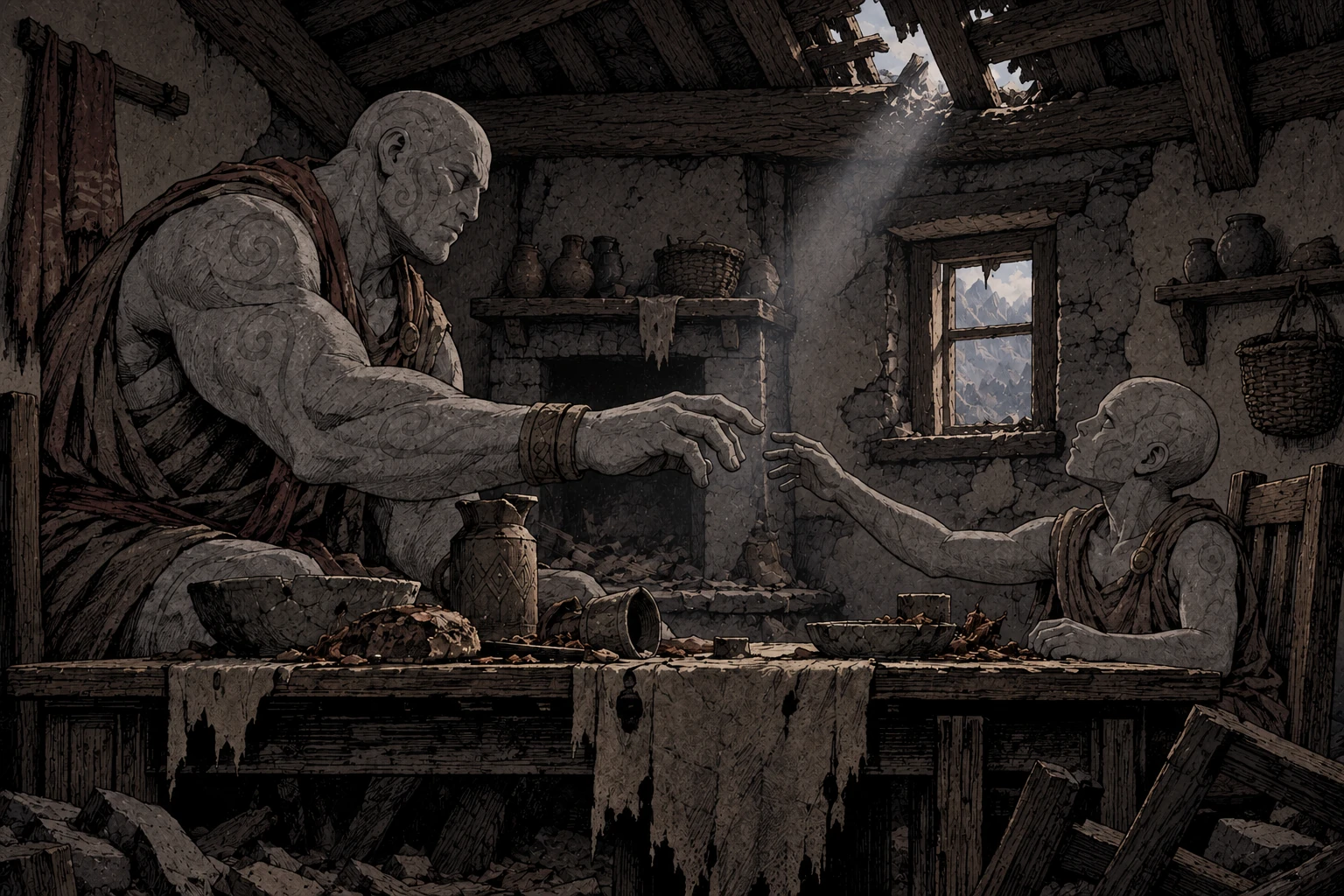 A stoneborn parent and child are frozen in stone, reaching toward one another across an unfinished meal in a small mountain cottage.