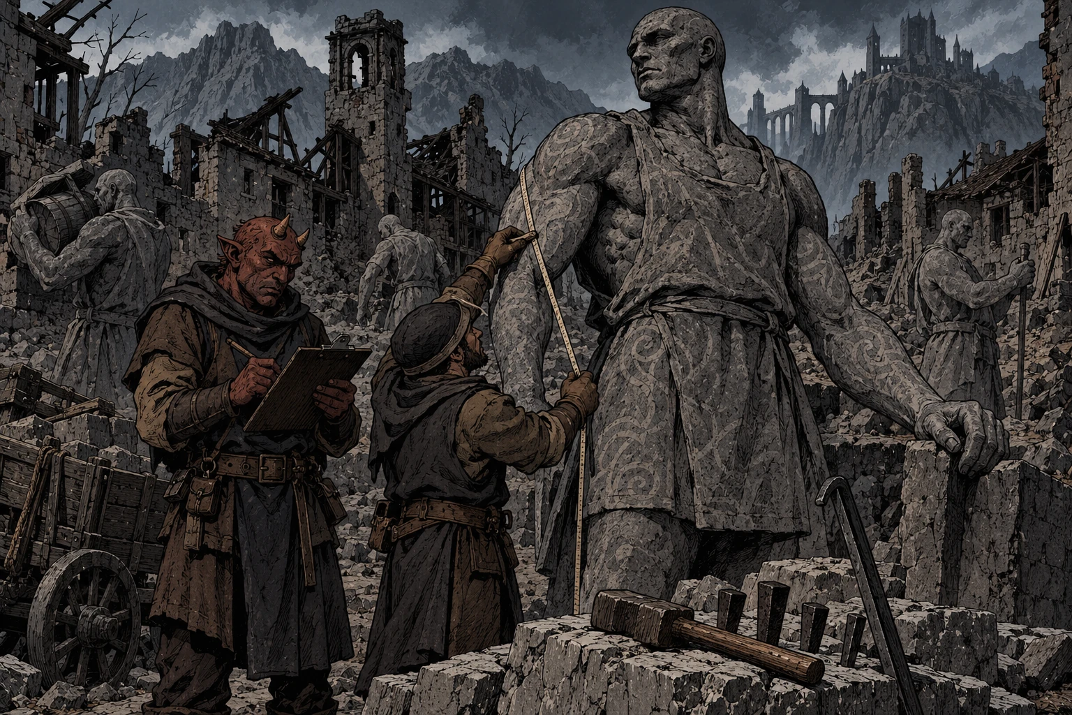 Prospectors examine and measure a petrified stoneborn in a deserted mountain settlement.