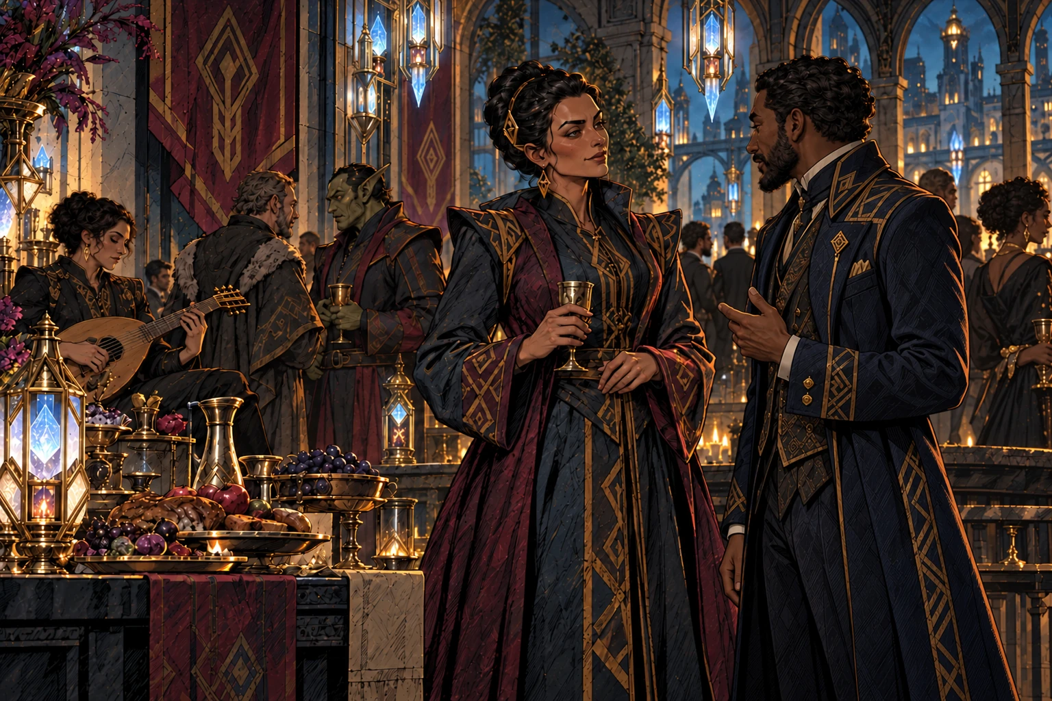 Viceroy Tazira speaks with an elegantly dressed guest beside a lavish banquet, a human lute player, and blue chalyte lamps in geometric gold fittings.