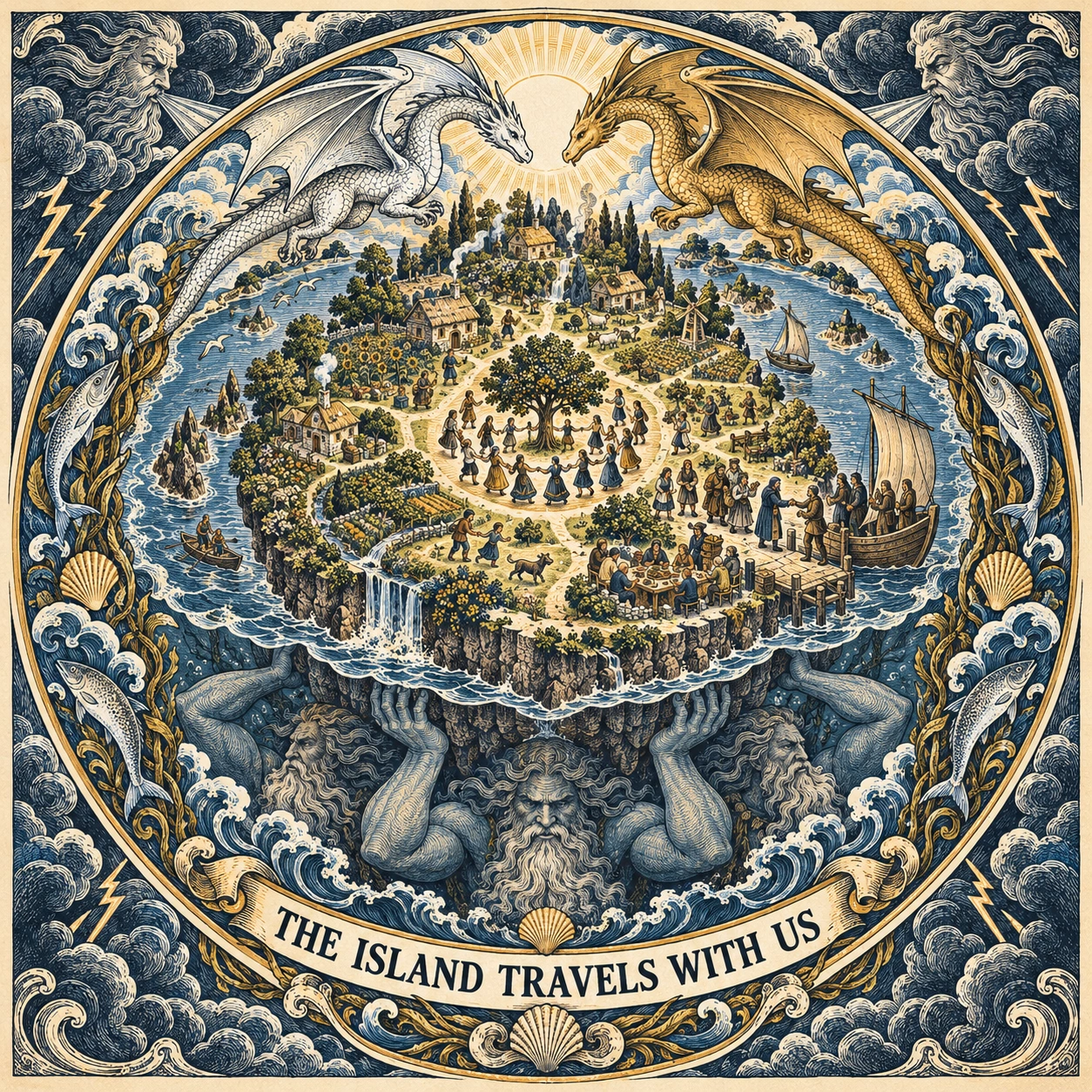 An ornate blue-and-gold circular print shows a welcoming island community carried by storm giants, enclosed by fish, shells, waves, and silver and gold dragons. Its ribbon reads: The island travels with us.