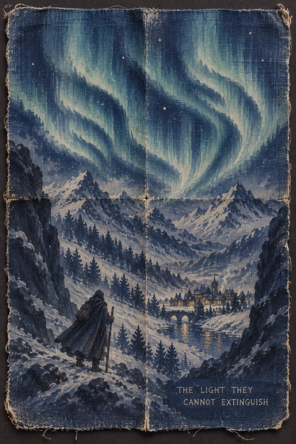 A folded, fraying scrap of blue cloth depicts a lone traveler looking toward warm village windows beneath a luminous aurora. Small lettering reads: The light they cannot extinguish.