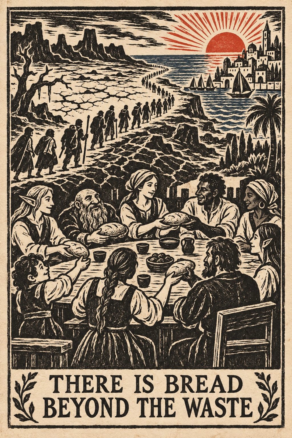 A black-and-red woodcut shows travelers crossing a cracked desert toward the sea, above a table where people of different kinds share bread. Its inscription reads: There is bread beyond the waste.